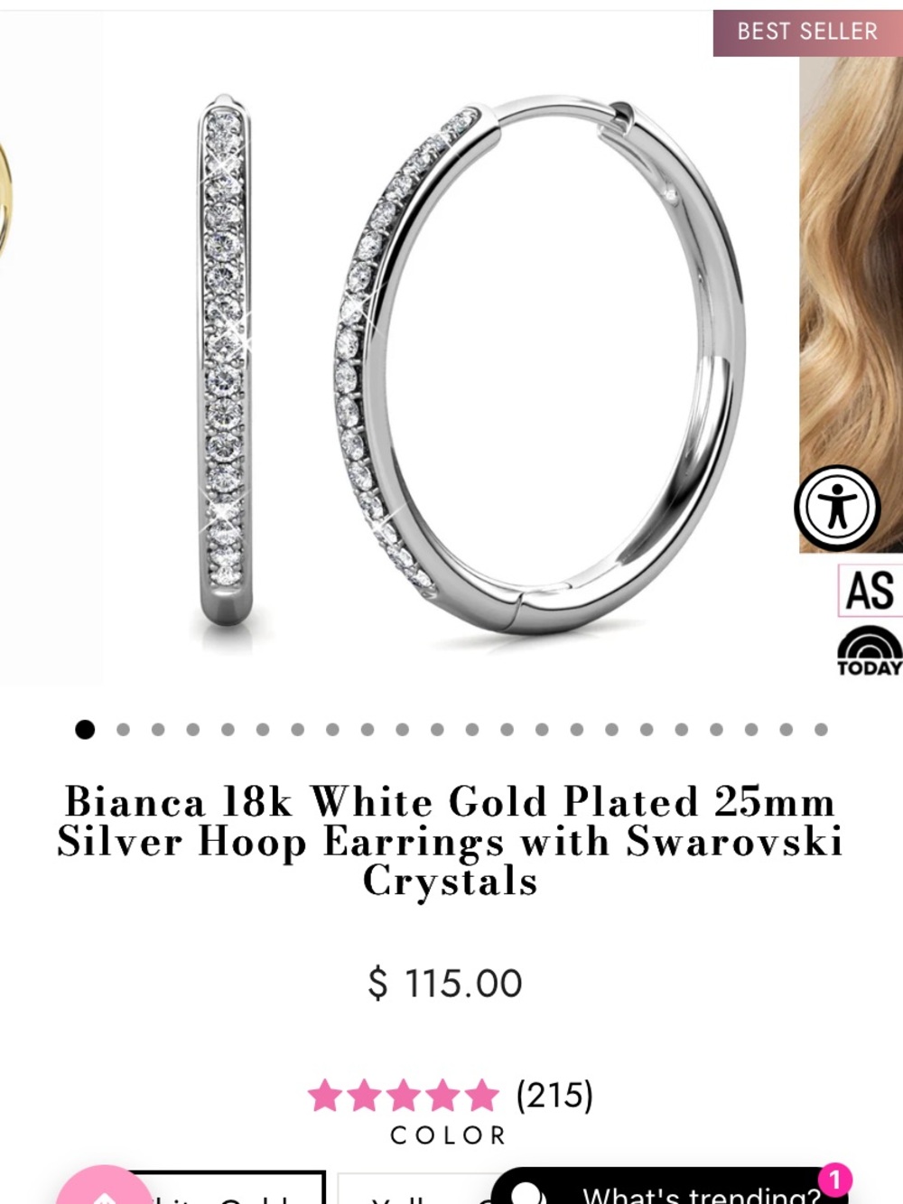 18k White Gold Plated Silver Hoop Earrings with Swarovski Crystals - White